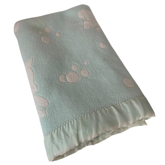 Vintage Baby Blanket With Satin Trim Kittens Bathing Design 34x44 Blue White - Picture 3 of 9